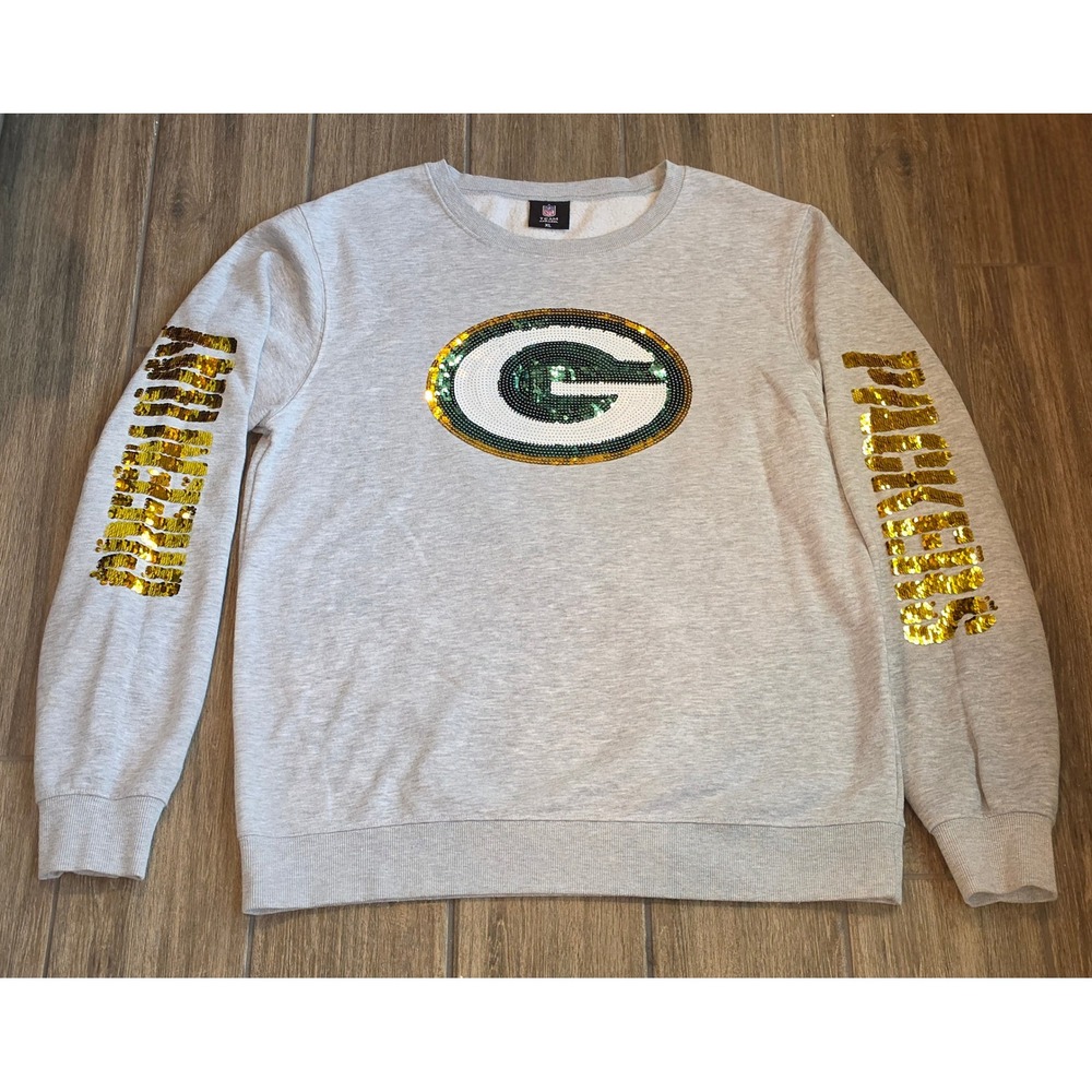 NFL Team Apparel Green Bay Packers Sequin Logo Sweatshirt Heather Gray XL - Picture 2 of 5
